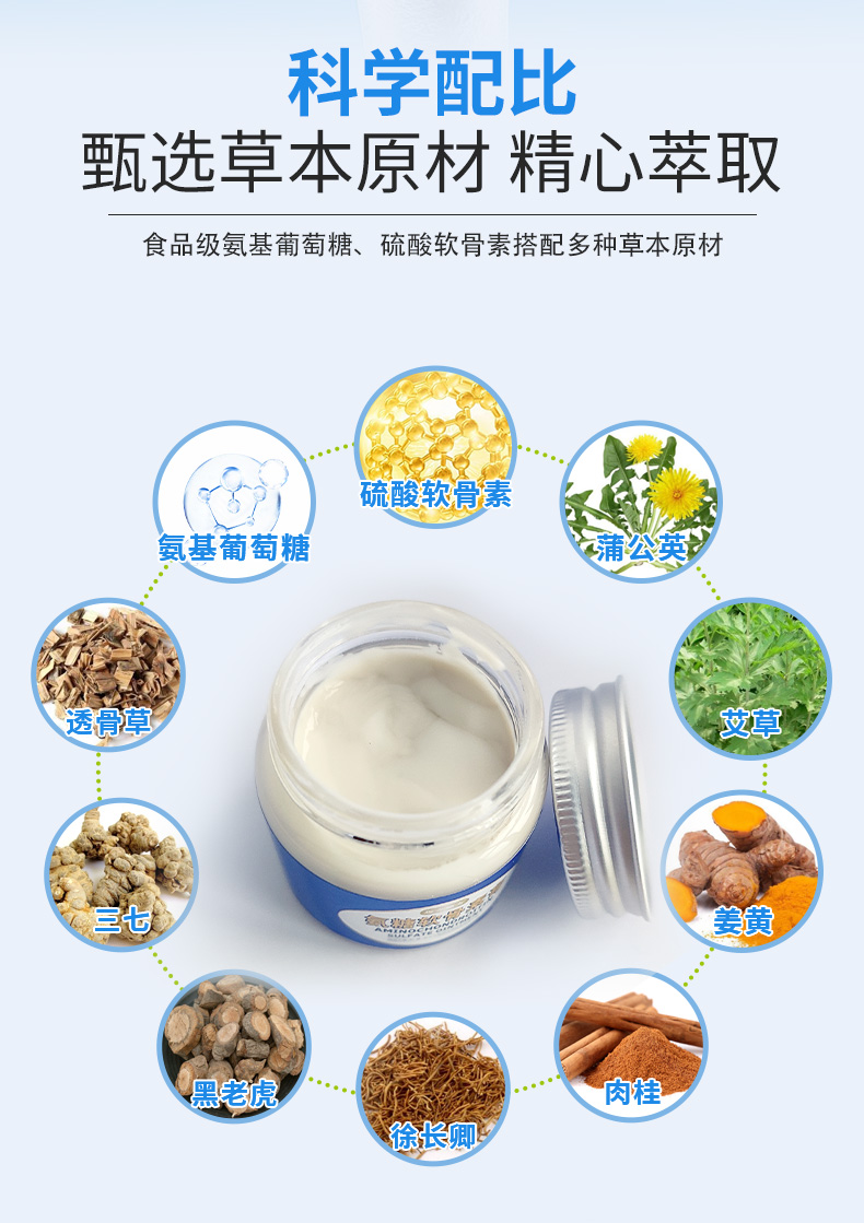 科學配比，甄選草本原材精心萃取，食品級氨基葡萄糖、硫酸軟骨素搭配多種草本原材